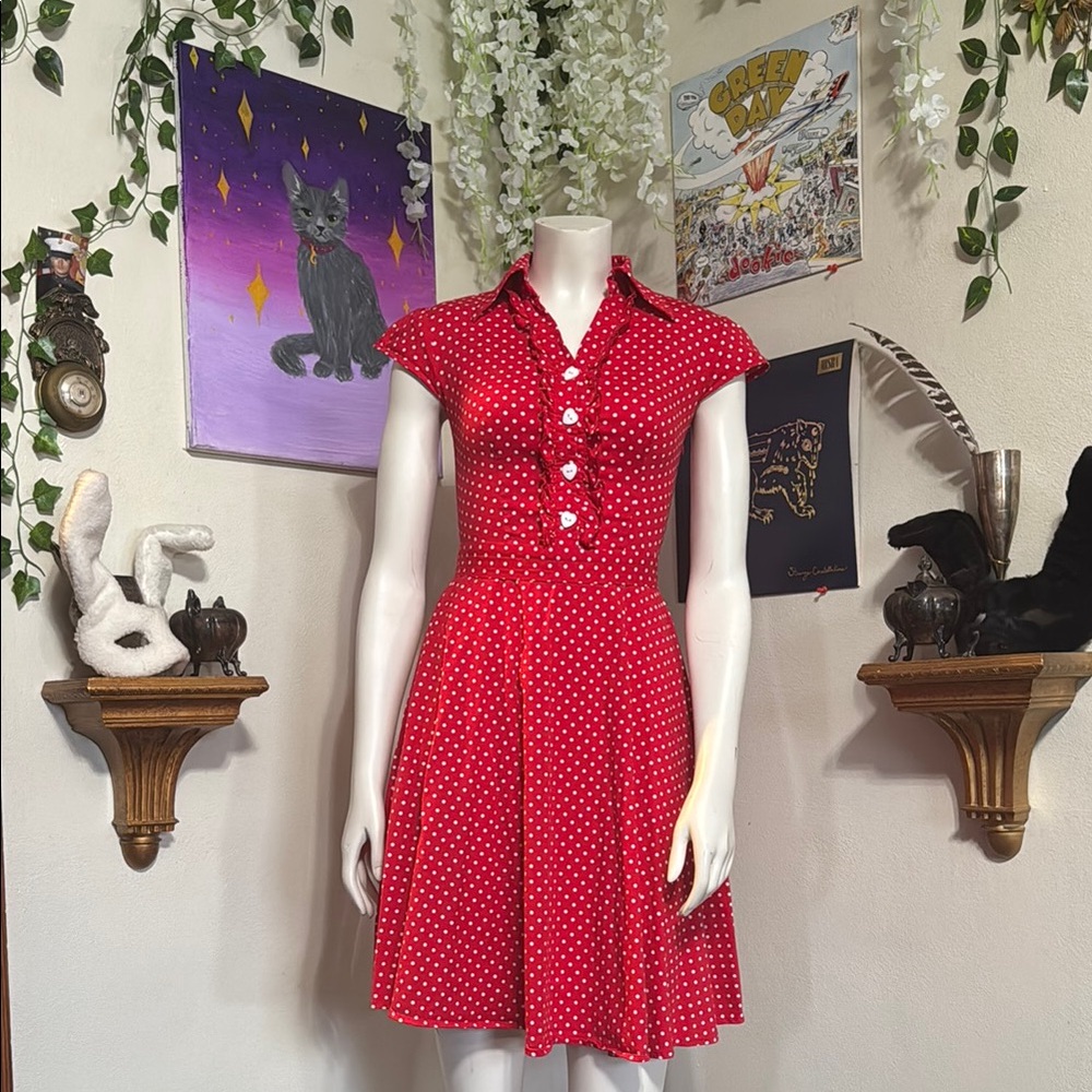 Red & White Polkadot 1950’s Style Retro Rockabilly Dress Cap Sleeve Swing Dress